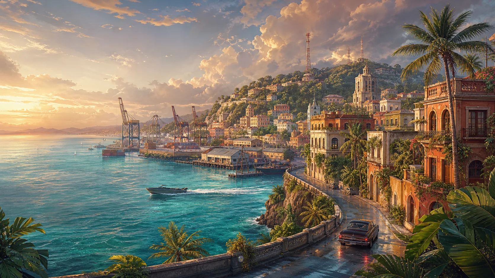 Puerto Filo, ciudad portuaria tropical al atardecer